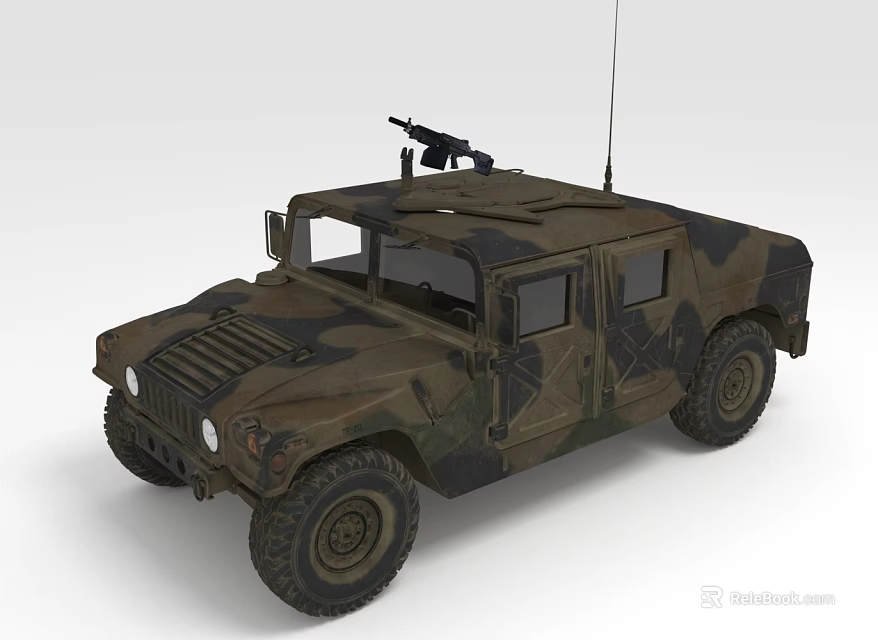 Military Camouflage Hummer Vehicle With Roof Mounted Gun And Rugged Tires 3d model 