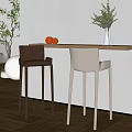 Modern Bar Counter Interior With Wooden Top Black Gray Stools And Decorative Vase Plants