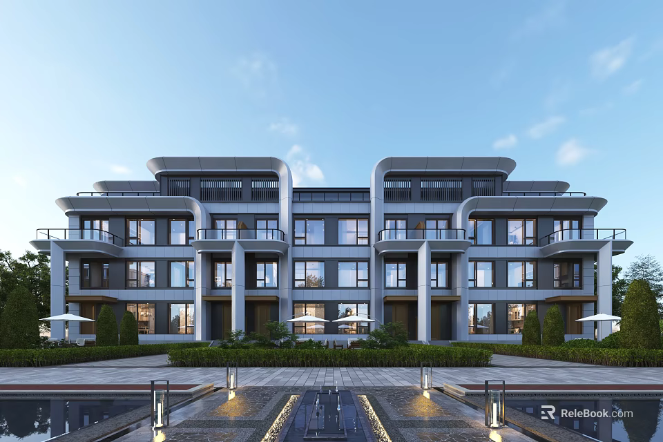 Modern Duplex Villa Exterior Featuring Contemporary Architecture Large Windows And Landscaped Garden 3d model 