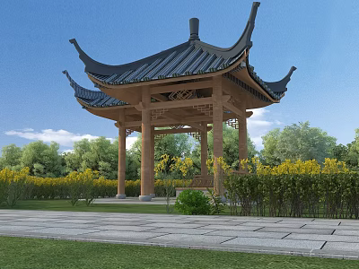 Traditional Chinese Pavilion In Garden With Green Plants Yellow Flowers Stone Pathway And Grass Lawn 3d model