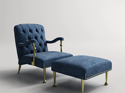 Blue Velvet Tufted Accent Chair With Gold Armrests Metal Legs And Ottoman 3d model
