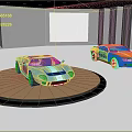 Blue Sports Car With White Stripes And Yellow Sports Car In Exhibition Display Space