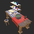 Rustic Wooden Workbench With Scroll Tools Cauldron Small Stool And Three Tier Shelf