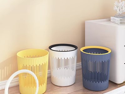 Three Yellow White And Blue Striped Plastic Waste Bins Near White Cabinet In Public Facility 3d model