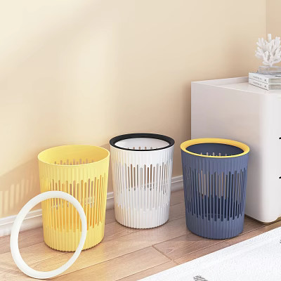 Three Yellow White And Blue Striped Plastic Waste Bins Near White Cabinet In Public Facility 3d model