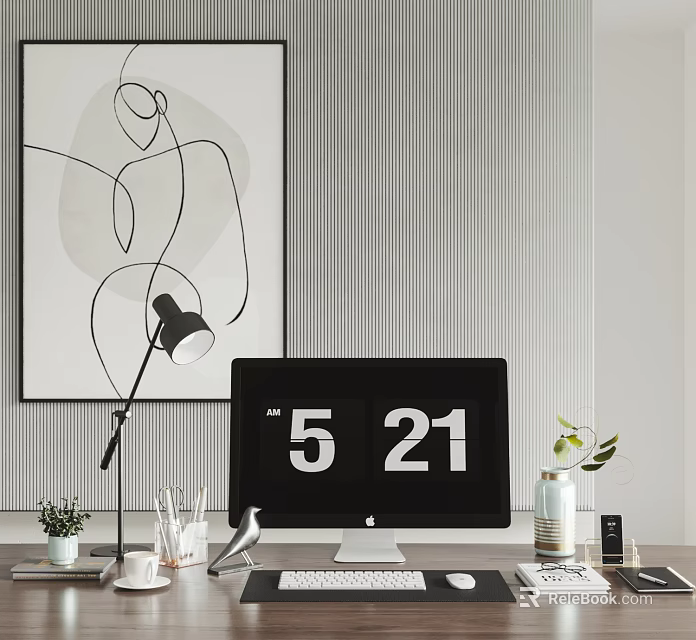 Desktop Computer Monitor Displaying 5 21 On Work Desk With Lamp Plant And Abstract Art 3d model 