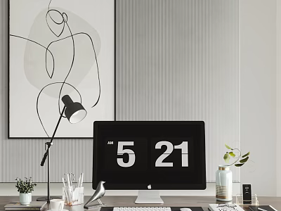 Desktop Computer Monitor Displaying 5 21 On Work Desk With Lamp Plant And Abstract Art 3d model