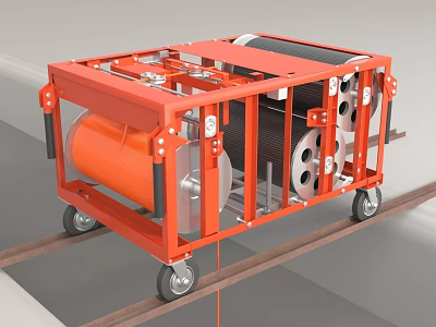 Industrial Equipment With Red Frame Structure Black Roller Components And Wheels On Metal Tracks 3d model