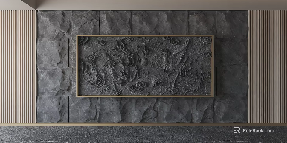 Gray Stone Background Wall With Intricate Dragon Phoenix Relief And Gold Frame 3d model 