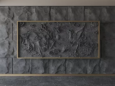 Gray Stone Background Wall With Intricate Dragon Phoenix Relief And Gold Frame 3d model