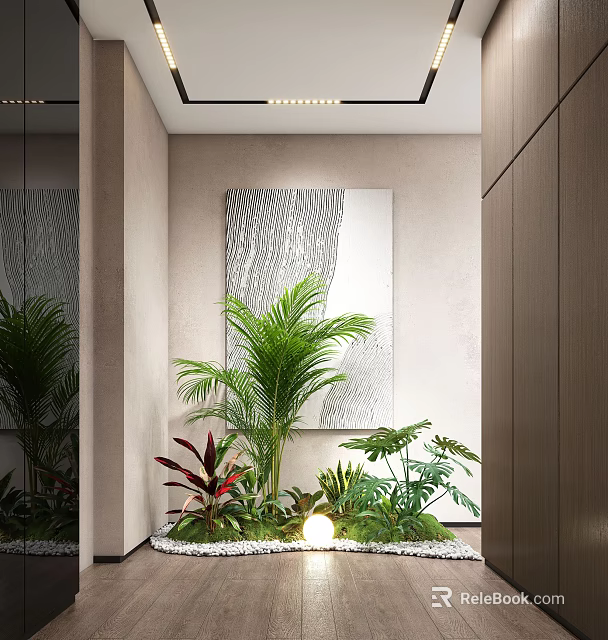 Modern Hallway Interior with Green Plants Palm Foliage Artwork and Mirror 3d model 