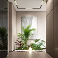 Modern Hallway Interior with Green Plants Palm Foliage Artwork and Mirror