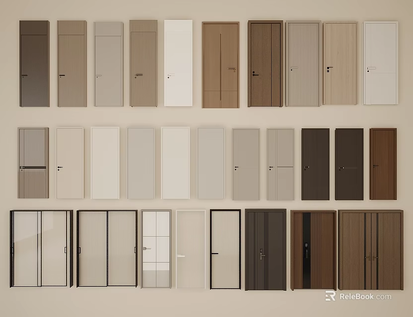 Various Colored Hinged Doors With Different Materials For Home Interior Design 3d model 