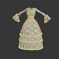 Elegant Vintage Floral Dress with Ruffled Bell Sleeves Fitted Corset Bodice and Layered Ruffled Skirt