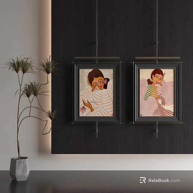 Two Colorful Abstract Paintings Hanging On Dark Wall With Decorative Plant In Interior 3d model 