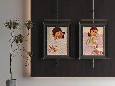 Two Colorful Abstract Paintings Hanging On Dark Wall With Decorative Plant In Interior 3d model