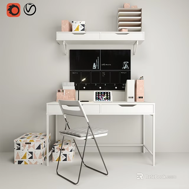 White Modern Desk and Chair Set with Shelf Storage Boxes and Computer 3d model