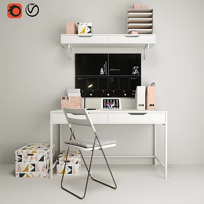 White Modern Desk and Chair Set with Shelf Storage Boxes and Computer 3d model