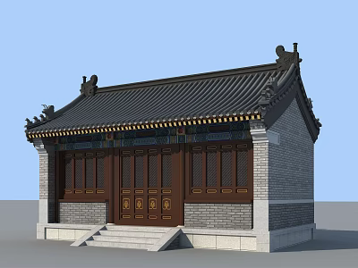 Traditional Ancient Chinese Architecture With Tiled Roof Wooden Doors And Stone Walls 3d model