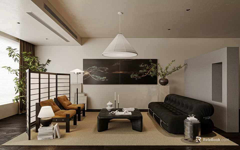 Modern Warm Style Living Room With Plush Black Sofa And Elegant Comfortable Home Interior Design 3d model 