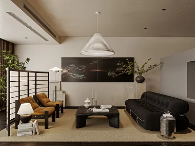 Modern Warm Style Living Room With Plush Black Sofa And Elegant Comfortable Home Interior Design 3d model