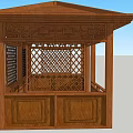 Traditional Chinese Wooden Pavilion with Carved Lattice Panels and Wooden Railings Under Sloped Roof Design