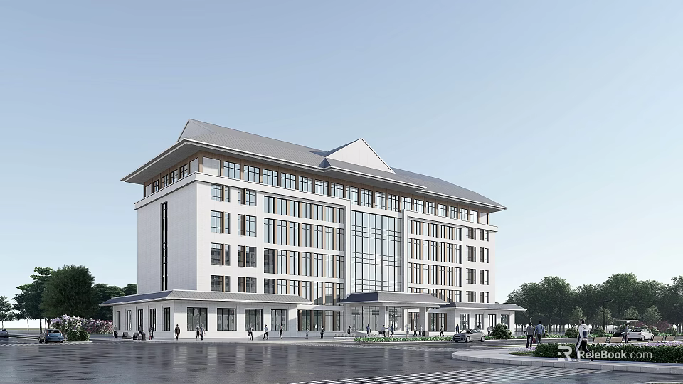 Modern Office Building With White Exterior Large Glass Windows And Front Plaza People And Trees 3d model 