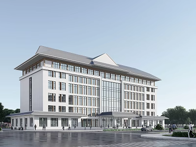 Modern Office Building With White Exterior Large Glass Windows And Front Plaza People And Trees 3d model