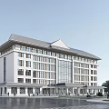 Modern Office Building With White Exterior Large Glass Windows And Front Plaza People And Trees