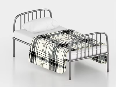 Single Bed with Silver Metal Frame Two White Pillows and Black White Plaid Blanket 3d model