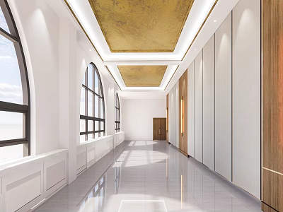 Hotel Corridor Featuring Golden Ceiling Arched Windows White Walls Wooden Doors And Smooth Tiled Floor 3d model