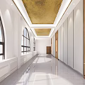 Hotel Corridor Featuring Golden Ceiling Arched Windows White Walls Wooden Doors And Smooth Tiled Floor