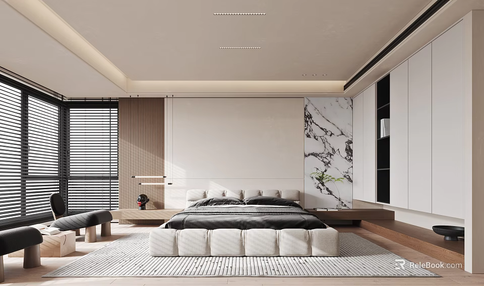 Modern Bedroom Interior Design With Large Bed Decorative Painting Bedside Tables And Area Rug 3d model 