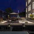 Garden Landscape Design For Evening Terrace With Dining Umbrella And Building Lighting