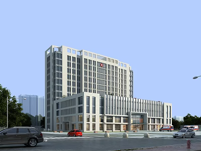 Modern Hospital Building Featuring High Rise Structure Light Colored Exterior Red Cross Sign And Surrounding Trees 3d model