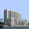 Modern Hospital Building Featuring High Rise Structure Light Colored Exterior Red Cross Sign And Surrounding Trees