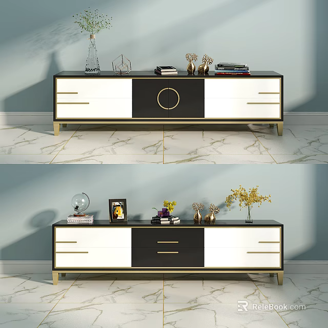 Modern Black White TV Stand With Gold Accents Storage Drawers And Decorative Items 3d model 