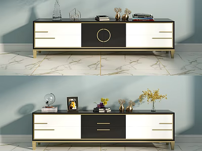 Modern Black White TV Stand With Gold Accents Storage Drawers And Decorative Items 3d model