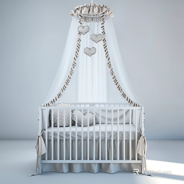 Elegant White Baby Crib With Canopy Brown Striped Trim Heart Shaped Decorations And Pillows 3d model 