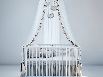 Elegant White Baby Crib With Canopy Brown Striped Trim Heart Shaped Decorations And Pillows 3d model