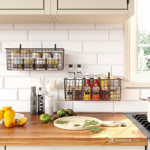 Modern Metal Wall Mounted Storage Baskets for Organizing Spices in Kitchen with White Tiles 3d model 