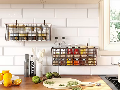 Modern Metal Wall Mounted Storage Baskets for Organizing Spices in Kitchen with White Tiles 3d model