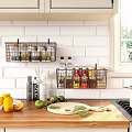 Modern Metal Wall Mounted Storage Baskets for Organizing Spices in Kitchen with White Tiles