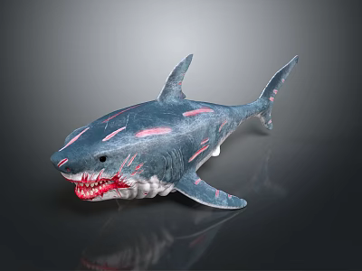 Blue Shark Toy Model With Pink Stripes Open Mouth And Red Sharp Teeth 3d model