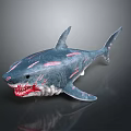 Blue Shark Toy Model With Pink Stripes Open Mouth And Red Sharp Teeth