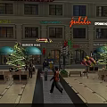 Vibrant Commercial Street Scene at Night with Shopfronts Pedestrians Outdoor Seating and Colorful Lights
