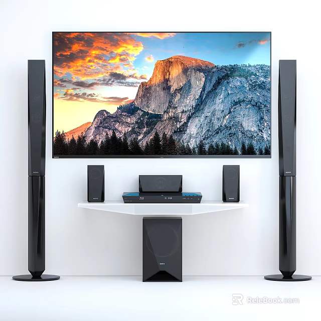 Large Screen TV With Mountain Sunset Landscape And Surround Sound Speakers Setup 3d model 
