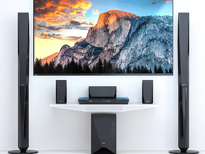 Large Screen TV With Mountain Sunset Landscape And Surround Sound Speakers Setup 3d model