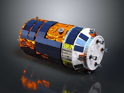 Advanced Cylindrical Space Module With Blue Solar Panels Orange Sections And Metallic Structure 3d model