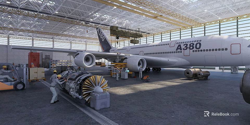 A380 Aircraft Engine Repair By Technician Inside Large Maintenance Hangar 3d model